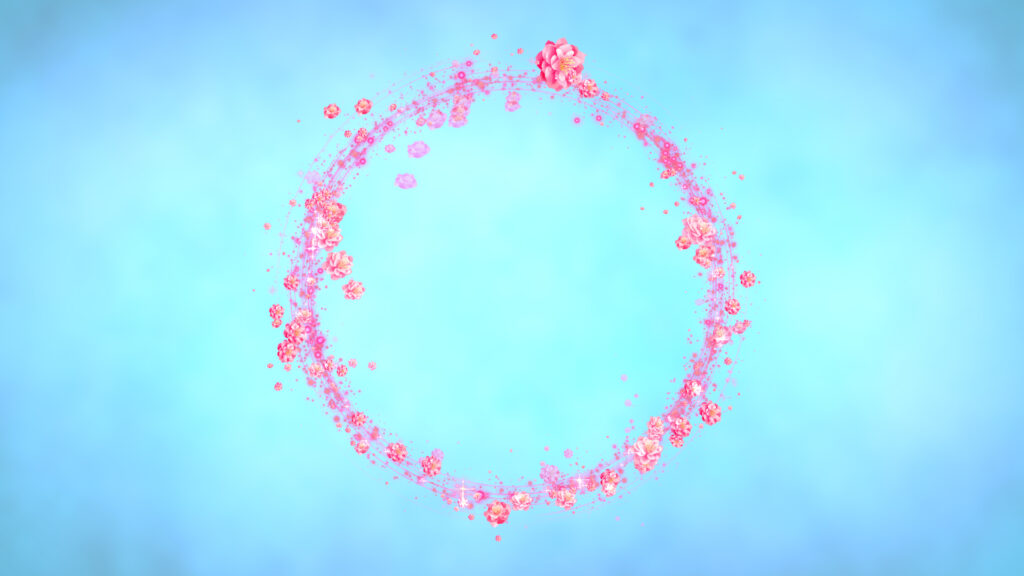 光る春の桃のリース-合成用-水色の背景